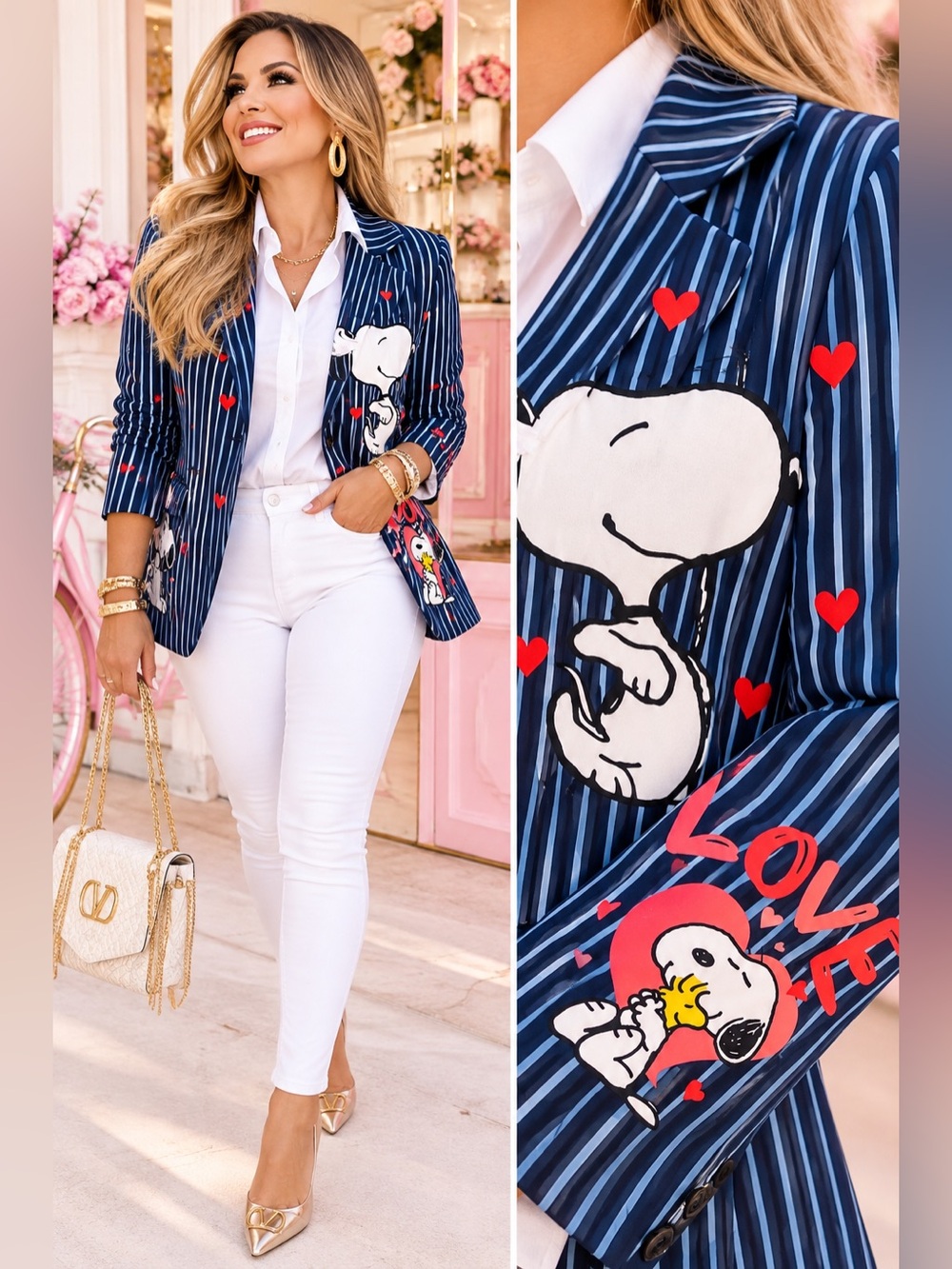 Navy Pinstripe Snoopy Embroidered Blazer - Women's Suit Jacket